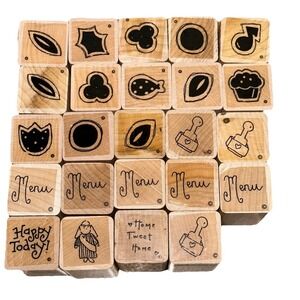 Vintage 90s DOTS Lunchbox Menu Happy Home Wood Mounted Rubber Peg Stamp Lot (24)